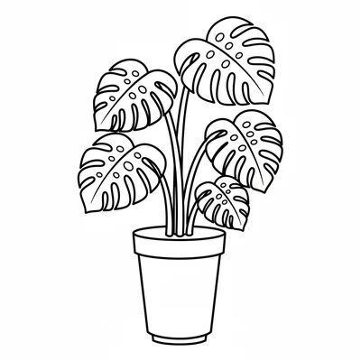 A simple monstera deliciosa in a tall floor pot, 4 large split leaves each coloring page