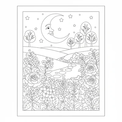 A moonlit garden with white flowers only, white roses, white phlox, white coloring page