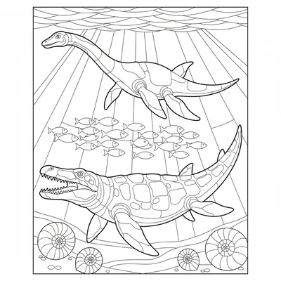A Mosasaurus and Plesiosaur sharing a layered ocean scene, the mosasaur in the… coloring page