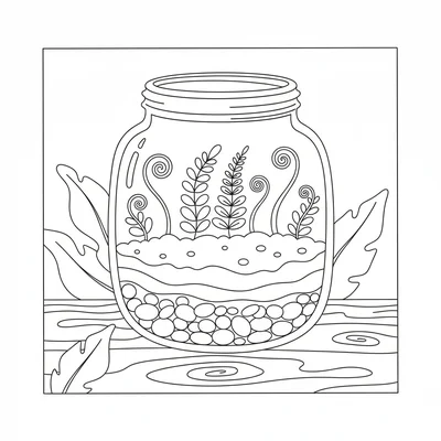 A moss and fern terrarium in a wide-mouthed glass jar, with a layer of pebbles coloring page