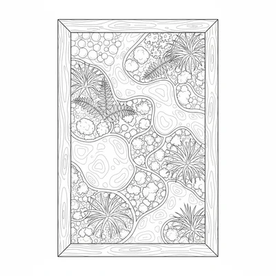 A moss wall garden installed on a large wooden frame, different species of moss coloring page