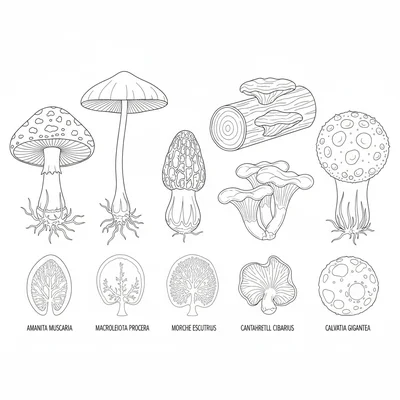 A mycological study plate showing 6 different mushrooms side by side, each coloring page