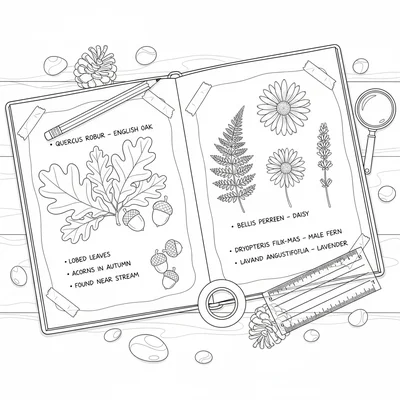 A nature journaling spread open on a nature table, one page showing a pencil coloring page