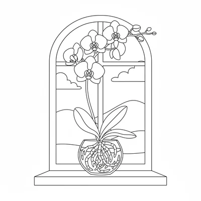 An orchid in a clear pot on a window shelf, the tall arching spike holding 5 coloring page