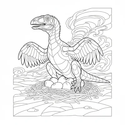 An Oviraptor brooding on a nest of eggs in the classic fossil pose, arms spread… coloring page