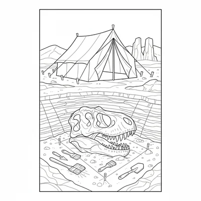 A paleontology dig site with an exposed T-Rex skull partially excavated from la… coloring page