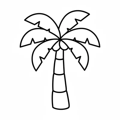 A simple palm tree with a thick tapering trunk, 6 large arching frond leaves coloring page