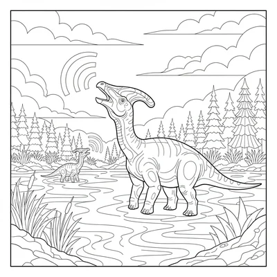 A Parasaurolophus calling with its crest, sound wave arc shapes emanating from… coloring page