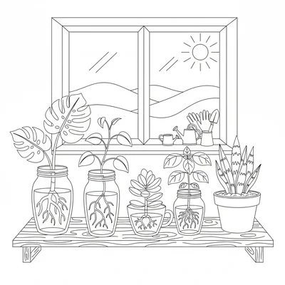 A plant propagation station, a shelf with small clear cups of water each coloring page