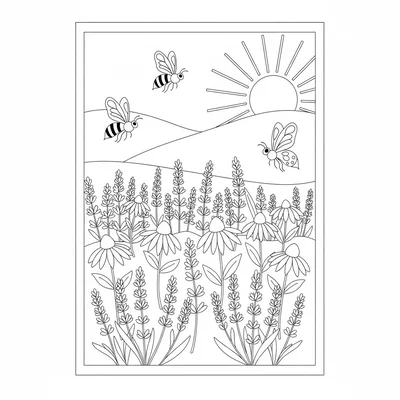 A pollinator garden with lavender, salvia, coneflowers, and agastache planted coloring page