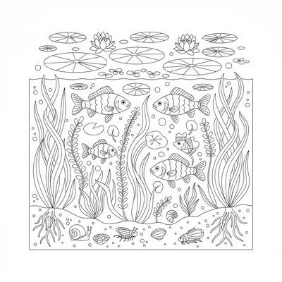 A pond ecosystem cross-section showing the full depth, surface with lily pads coloring page
