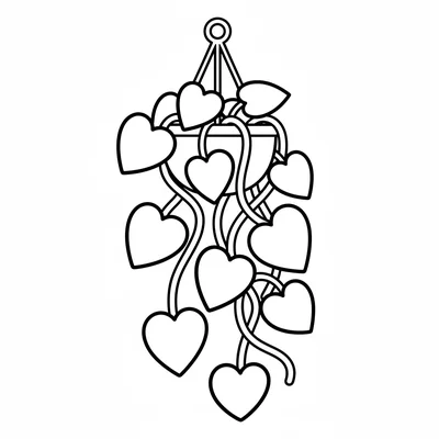 A simple pothos plant in a hanging basket, several heart-shaped leaves trailing coloring page