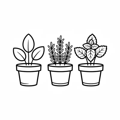 A simple potted herb garden, 3 small round pots in a row, each with a different coloring page