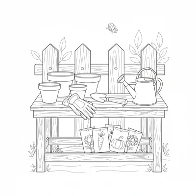 A potting bench scene with several terra cotta pots, gardening gloves, a hand coloring page