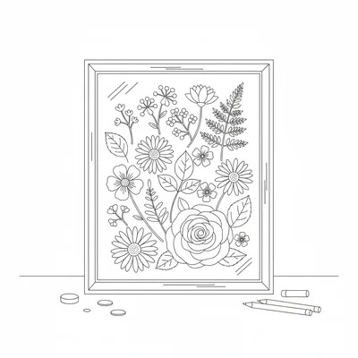 A pressed flower arrangement under glass, different pressed flowers and leaves coloring page