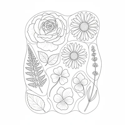 A pressed flower collection artfully arranged on a background surface, rose coloring page