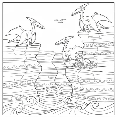 A Pteranodon cliff colony with three adults on nesting ledges, a chick in one n… coloring page