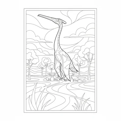 A Quetzalcoatlus standing on the ground with wings folded, towering over a grou… coloring page