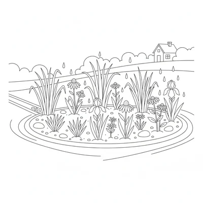 A rain garden with a small depression planted with ornamental grasses, native coloring page
