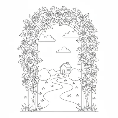 A rose bower with two vertical posts and an arching trellis above, climbing coloring page