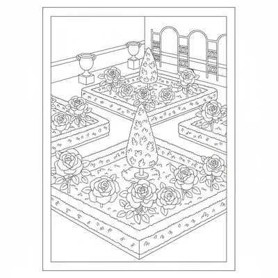 A rose garden formal parterre, square beds divided by low hedges, each bed coloring page