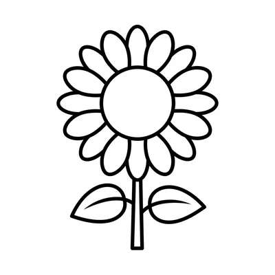 A round sunflower with a large dark center circle and 14 wide petals radiating coloring page