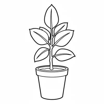 A simple rubber tree plant in a tall pot, 4 large glossy oval leaves coloring page