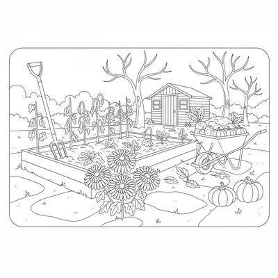 A seasonal autumn garden vignette with a raised bed of spent plants coloring page