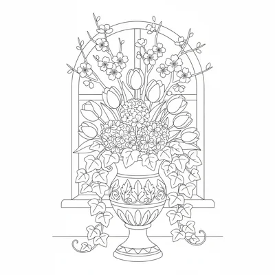 A seasonal flower arrangement in an urn vase, tall branches with spring coloring page