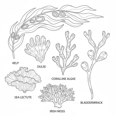A seaweed collection study showing 6 different species flat coloring page
