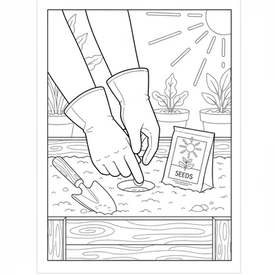 A seed planting scene, gloved hands pressing a seed into a small hole coloring page