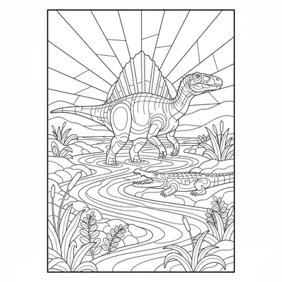 A Spinosaurus at dawn in a Cretaceous river delta, its sail catching the first… coloring page