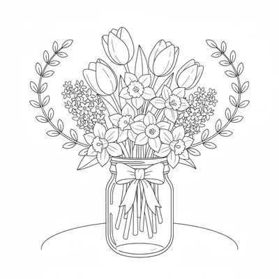 A spring bouquet in a mason jar with tulips, daffodils, and hyacinths, tied coloring page