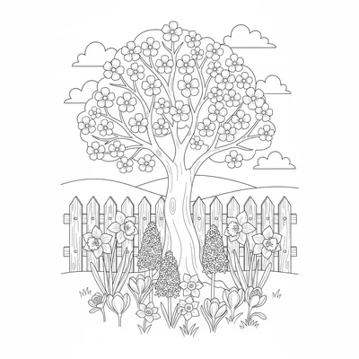 A spring garden scene with a central tree in bloom, flowering bulbs at its coloring page