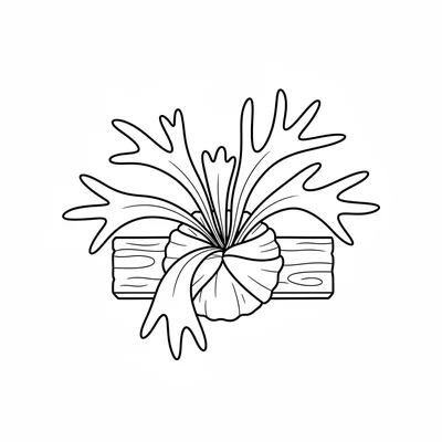 A simple staghorn fern growing on a plank of wood mounted on a wall, fronds coloring page