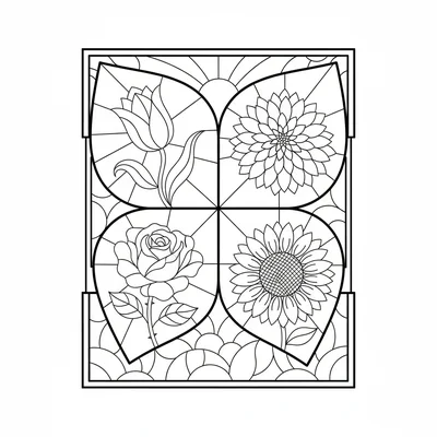 A stained glass garden scene divided into petal-shaped panels each containing coloring page