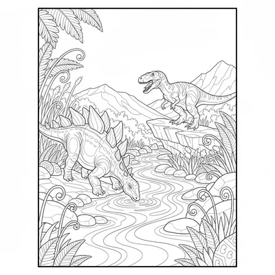 A Stegosaurus and Allosaurus coexisting at a Jurassic riverbank, the stegosauru… coloring page