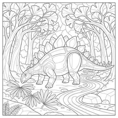 A Stegosaurus browsing in a Jurassic woodland, its head lowered to graze on low… coloring page
