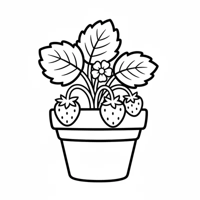 A simple strawberry plant in a pot with 3 large leaves on stems, a small white coloring page
