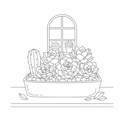 A succulent arrangement display in a shallow rectangular trough, six different coloring page