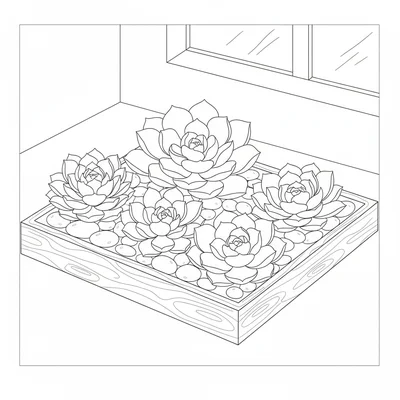 A succulent arrangement in a shallow wooden tray, 6 different succulent coloring page
