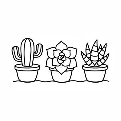 A simple succulent trio, 3 different small succulent shapes in 3 small round coloring page