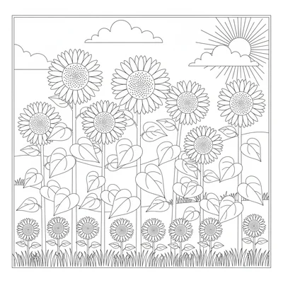 A sunflower field edge with 7 tall sunflowers of varying heights in a row coloring page