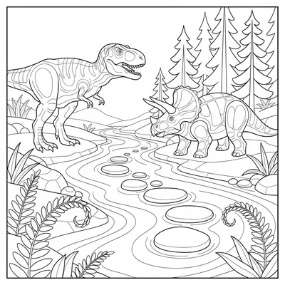 A T-Rex and Triceratops at a Cretaceous river crossing, both species on opposit… coloring page