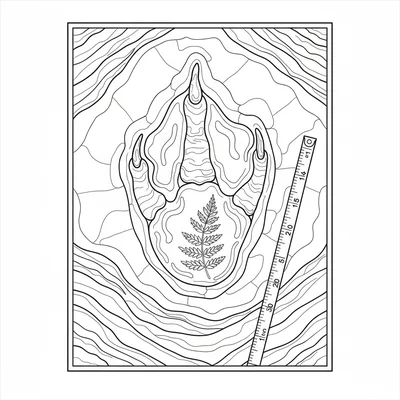 A T-Rex footprint fossil impression in layered rock, viewed from above, the thr… coloring page