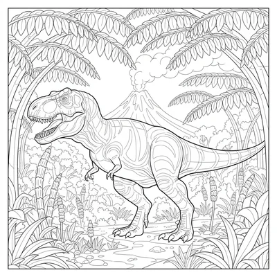 A T-Rex striding through a Cretaceous fern valley, broad fronds arching overhea… coloring page