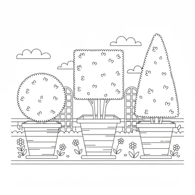 A topiary garden with 3 boxwood shrubs cut into different geometric shapes coloring page
