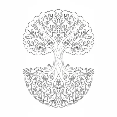 A tree of life botanical illustration showing a mature tree coloring page