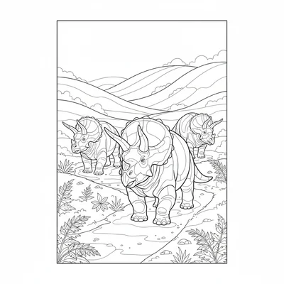 A Triceratops herd of three traveling through a Cretaceous landscape with rolli… coloring page