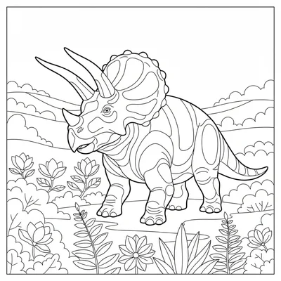 A Triceratops standing in a flowering Cretaceous meadow, early magnolia-like bl… coloring page